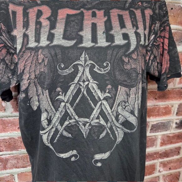 Affliction Archaic Gray Distressed Graphic Tee Medium Short Sleeve Crew Neck USA - Picture 9 of 10